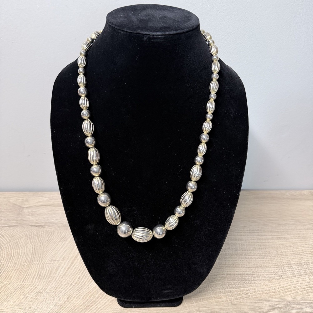 Vintage Silver Tone Beaded Necklace Retro Minimalist Runway Glam Statement